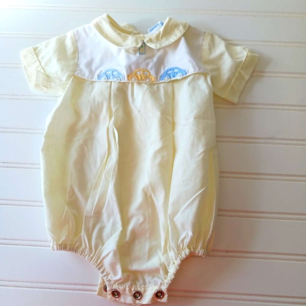 Vtg Friedknit Creations Boys Sz 3M Yellow SS  Bubble Cars Embroidered Easter